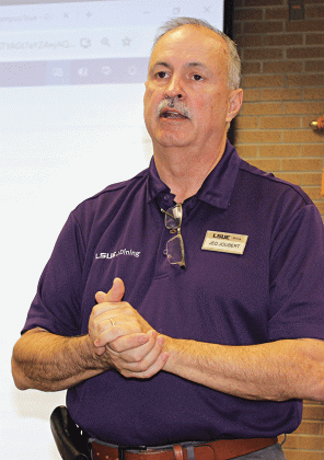 Jed Joubert, food service manager at LSUE, was the guest speaker Wednesday at the Eunice Rotary Club meeting. (Photo by Myra Miller)