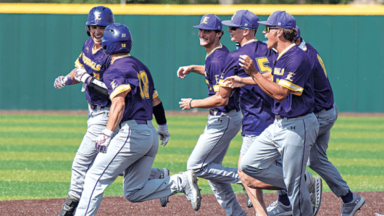 Tyson LeBlanc, left, is met by teammates after driving in the game-winning run against Delgado CC on Sunday as LSUE .Baseball continued its 2025 trend of late game theatrics, winning their regular season finale 6-5 against Delgado CC in extra inning walk-off fashion on Sunday. LeBlanc capped off his sophomore season with a walk-off winner in the final home game of the season. (LSUE photo)