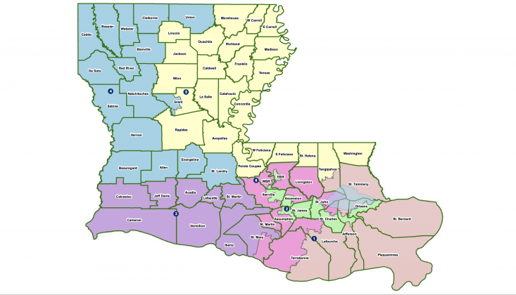 This map shows what would be the new boundaries of the state’s six congressional districts as approved by the Legislature Friday.  Courtesy of the Louisiana House of Representatives