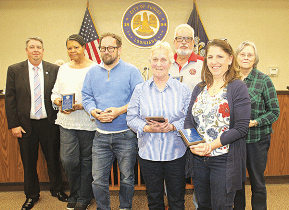 From left, are Mayor Scott Fontenot; and Food Bank volunteers, Ann Frank, Karl DeRouen Jr., Jean Vigé, Fedor Simonvirs, Karmon Moosa and Cynthia Tanner.