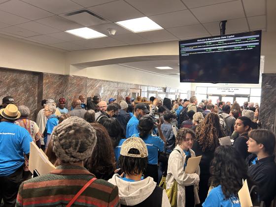 Protesters filled the ground floor of the state Capitol last Tuesday during hearings on stricter crime laws. (LSU Manship School News Service photo)