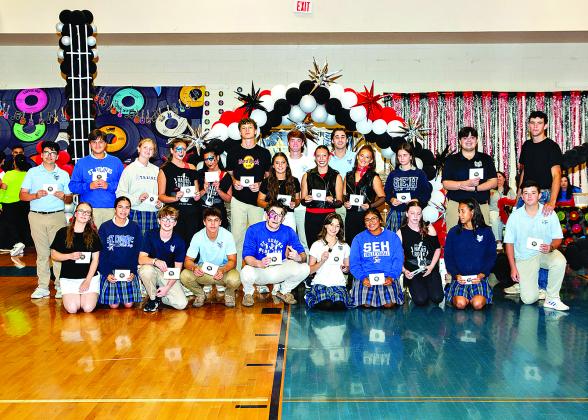 Literary Rally winners were recognized during the annual St. Edmund Academic Pep Rally. In front from left are Shawna Manuel, Sadie Spell, Tiltie Manuel, Michael Perron, Landen Marcantel, Rose Young, Seyda Deshotel, Georgia-Kate Wimberly, Ana Thomas and Beckette LaHaye. Standing in back from left are Cooper Ardoin, Cooper Devillier, Brylee Brown, Laura-Kate Miller, Caroline Heinen, Dane Fontenot, Maddie Evans, Oscar Summerlin, Lily Vidrine, Payton Credeur, Stella Summerlin, Minnie Stanford, Zachary Prather