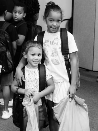 Girls with backpacks and supplies