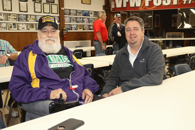 Former Police Chief Gary "Goose" Fontenot and his son, Mayor Scott Fontenot, at the Veterans Day ceremony this year at the VFW Post 8971.  (Photo by Harlan Kirgan)