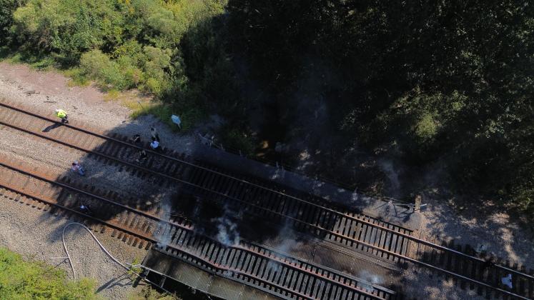 The buckled train tracks can be seen in this photo from St. St. Landry Parish Government.