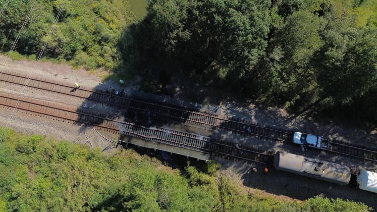 The buckled train tracks can be seen in this photo from St. St. Landry Parish Government.