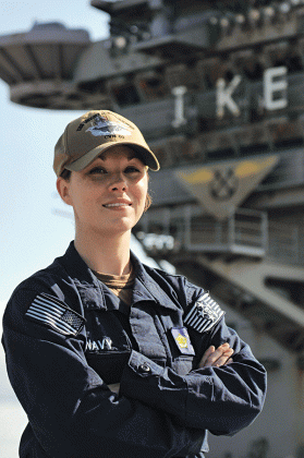 Petty Officer 2nd Class Mandi Daigle, a native of Church Point,  is one of more than 5,000 sailors serving aboard the self-contained mobile airport, USS Dwight D. Eisenhower. Daigle attended Church Point High School. (Photo by Mass Communication Specialist 3rd Class Jerome Fjeld, Navy Office of Community Outreach)