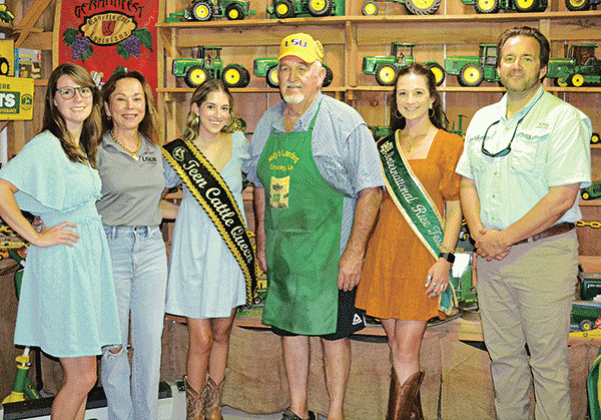 Kelly’s Landing was the setting Tuesday night for a meeting of LSUE officials and local and area agriculture teachers and stakeholders to discuss the Sustaining Future Farms in Louisiana program at the university. Among those on hand were, from left, Caitlin deNux, program manager; Dr. Nancee Sorenson, chancellor; Gracie Bourque, Abbeville Cattle Festival Teen Cattle Queen; Kelly Hundley, host; Sadie Zaunbrecher, International Rice Festival Queen; and Rep, Phillip DeVillier. (Photo by Steve Bandy/Crowley Po