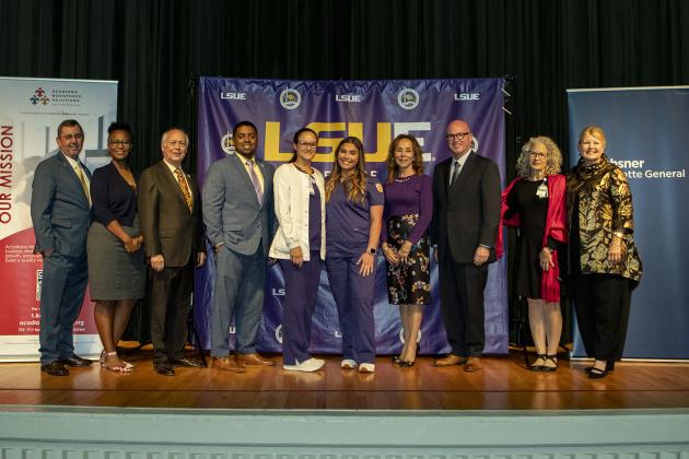 From left, are Jessie Bellard, St. Landry Parish President; Tessa Brown, Chairwoman of the Workforce Board; Patrick Morrow, LSU Board of Supervisors Chair-elect; Rep. Dustin Miller, Louisiana House of Representatives; Sydney Romero, Respiratory Care pilot program recipient; Victoria Roshto, Respiratory Care pilot program recipient; Dr. Nancee Sorenson, LSU Eunice Chancellor; Patrick Gandy, CEO Ochsner Lafayette General; Susan Salomone, AVP Ochsner Health Systems; Dr. Karen Wyble, AVP Ochsner Lafayette Gener