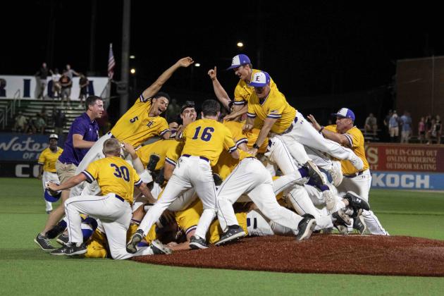 A six-run eighth inning helped turn a tight contest into a rout as LSU Eunice Baseball secured its eighth NJCAA Division II National Championship in a 9-3 win over Brunswick CC on Saturday at David Allen Memorial Ballpark.  The Bengals (56-8) eight National Championships are the most in NJCAA Division II history, and the second most in NJCAA history.  (LSUE photo)