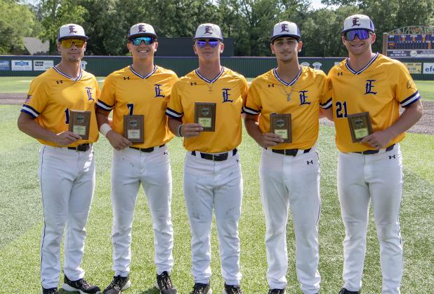 LSU Eunice Baseball team members Aidan Mouton, Tyson LeBlanc, Alex Dupuy, Alec Beversdorf, and Jackson Legg receive their All-Region 23 awards on Saturday. (LSUE photo)