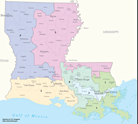 This map shows the current configuration of Louisiana’s congressional districts. (Courtesy of U.S. Department of Interior)