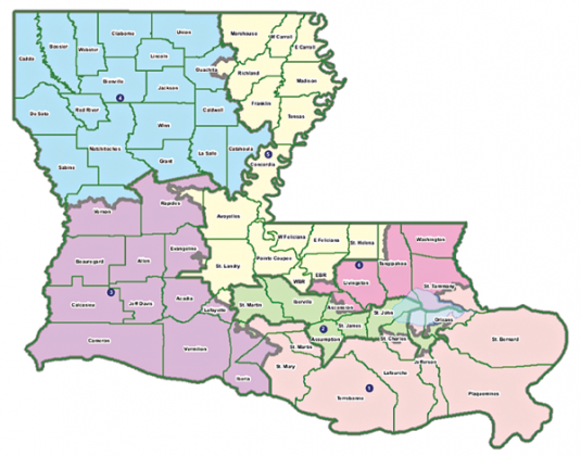This map shows one version of Democratic proposals to shrink the width of the 5th District in northeast Louisiana, now represented by Republican Rep. Julia Letlow, and extend it down to Baton Rouge to create what would likely be a second majority-minority district. (Courtesy of State Sen. Cleo Fields, D-Baton Rouge)
