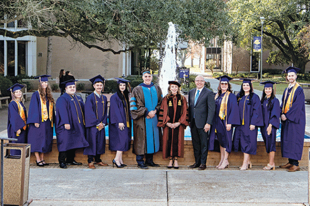 Magna cum laude, 3.5-3.79 GPA, graduates, from left, are Madison Castille; Lauren Mullins; Christopher Lalonde; Bryce Fontenot; Kylee Mullen; Dr. John Hamlin, LSU Eunice vice chancellor for academic affairs and provost; Dr. Nancee Sorenson, LSU Eunice chancellor; U.S. Eastern District Judge Darrel J. Papillion; Tayte Hebert; Natalie Bourque; Alexis Fontenot; and Daniel Graham.