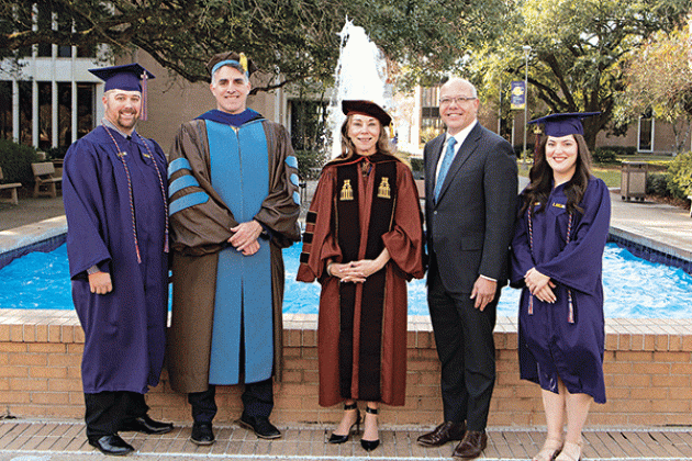 Military veteran graduates, from left, are Robert Couret; Dr. John Hamlin, LSU Eunice vice chancellor for academic affairs and provost;  Dr. Nancee Sorenson, LSU Eunice chancellor; U.S. Eastern District Judge Darrel J. Papillion; and Sarah Howard.