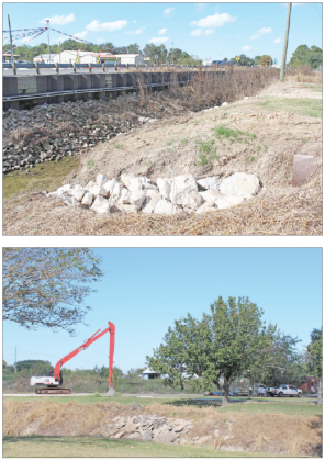 xAn erosion project started last Monday and ended Friday with Gulf Inland Contractors out of Houma making a boarded roadway to get an excavator and man power from West Ash to the Maple Avenue bridge. According to Shane Dupre, “We made a boarded roadway to do repairs of a pipeline from Williams Pipeline near the bridge. It’s an erosion repair work. All dirt on top of pipelines erodes, and we hauled truck loads of dirt to place on top of pipelines and also loads of rip raft rocks in place.” (Photos by Myra Mi