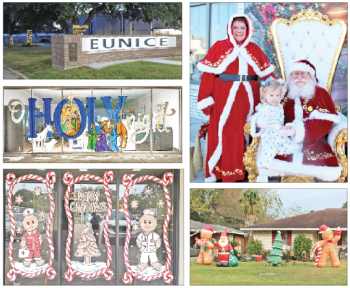 It’s four days until Christmas, and the City of Eunice is decorated for the holiday. (Clockwise from top left) The trees along Park Avenue are decorated for the season. Scotti-Jo Wallet, 2, of Eunice, has her photo taken with Santa before the Parade of Lights on Thursday, Dec. 11. This home in the 1300 block of Baron Avenue is decorated with inflatables. (Photos by Myra Miller) Eunice Main Street is hosting a ‘Deck the Doors’ community-wide holiday door and window decorating competition. The door or window