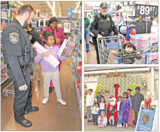 The ‘Shop With A Cop’ event was hosted Monday evening at the Eunice Walmart. The Eunice City Marshal’s Office received a grant from the local Walmart and donated the grant to ‘Dads &amp; Kids’ to take 50 children Christmas shopping with a team from the marshal’s office, Dads &amp; Kids, the Eunice Police Department and Walmart associates. (Clockwise from above left) Blake Fruge with the marshal’s office assists Armani Dugas, with her mother, Erika Dugas. Dax Daigle gets a lift to the toy section from Mike Young wit