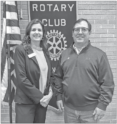 Brandi LeBas, left, was the guest speaker at the Wednesday meeting of the Eunice Rotary Club. Lebas was a guest of Rotarian Raymond Aguillard, at right. LeBas is a realtor who advocates for the Homes for Heroes program. (Submitted photo)