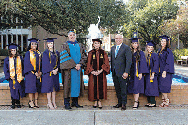 Summa cum laude, 3.8-4.0 GPA graduates, from left, are  Mya Velasquez; Jade Hickman; Nicole Thibodeaux; Dr. John Hamlin, LSU Eunice vice chancellor for academic affairs and provost; Dr. Nancee Sorenson, LSU Eunice chancellor; U.S. Eastern District Judge Darrel J. Papillion; Taylor Doughty; Abbie Delaune; and Destiny Allison. (Submitted photo)