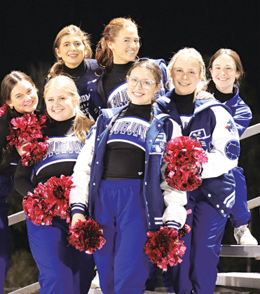 St. Edmund Blue Jay dancers at the game with Sacred Heart of Ville Platte on Oct. 18, from left, are Emma Myers (co-captain), Lauren Bearb (captain), Audrey Rachal, Stella Summerlin, Kennadi Thibodeaux, Ava Lafleur and Ruby Durham (Photo by Amy Myers)