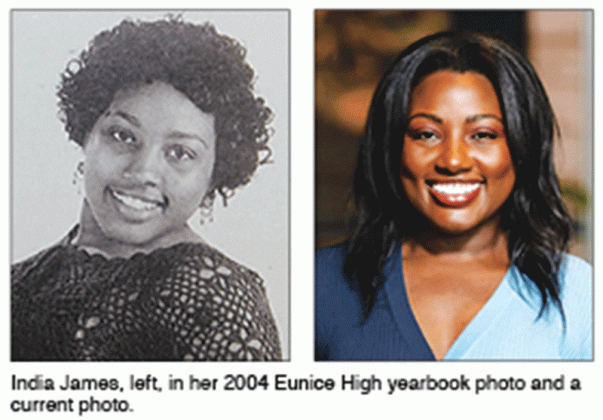 India James, left, in her 2004 Eunice High yearbook photo and a current photo. (Submitted photo)