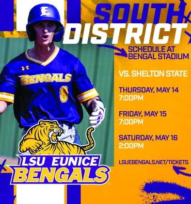 See You This Weekend! Bengal Fans - grab a friend, grab your family, grab your neighbor and pack Bengal Stadium! LSU Eunice hosts Shelton State starting Thursday for the South District Championship Series and a ticket to the JUCO World Series. Let’s make the Cajun Prairie electric!