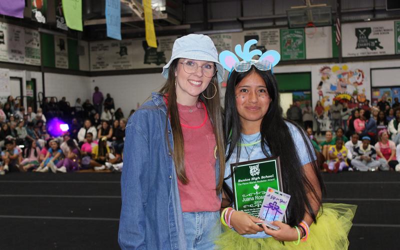 Winning the distinguished Pierre Martel Rockstar Award was Juana Rosales, a junior. She is pictured with Social Studies teacher Jade Fontenot.