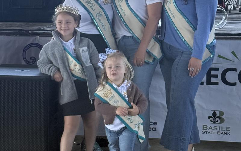 Eunice Queens were at the Crawfish Etouffee Cook-off Saturday. In front, from left, are Petite Miss Eunice Paisley Bordelon and Tiny Miss Eunice Evelyn Doucet. In back, from left, are Teen Miss Eunice Gracie Lou Oliver, Ms. Eunice Nichole David and Miss Eunice Samantha Gobert.