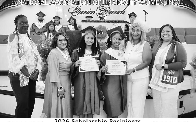 Pictured from left are Patricia Harrison,  Secondly Vice President,  Philomena Bernard, Charter Branch Member, Scholarship recipient,  Hannah Chavis,  Scholarship recipient,  Kyn’drea Frank, Shelsy Williams,  Branch President and Crystal Wiley,  First Vice President.