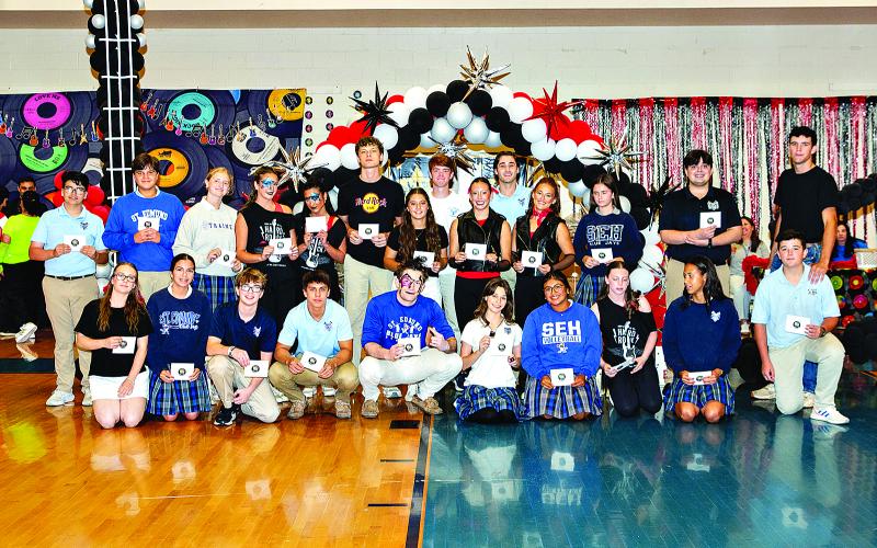 Literary Rally winners were recognized during the annual St. Edmund Academic Pep Rally. In front from left are Shawna Manuel, Sadie Spell, Tiltie Manuel, Michael Perron, Landen Marcantel, Rose Young, Seyda Deshotel, Georgia-Kate Wimberly, Ana Thomas and Beckette LaHaye. Standing in back from left are Cooper Ardoin, Cooper Devillier, Brylee Brown, Laura-Kate Miller, Caroline Heinen, Dane Fontenot, Maddie Evans, Oscar Summerlin, Lily Vidrine, Payton Credeur, Stella Summerlin, Minnie Stanford, Zachary Prather