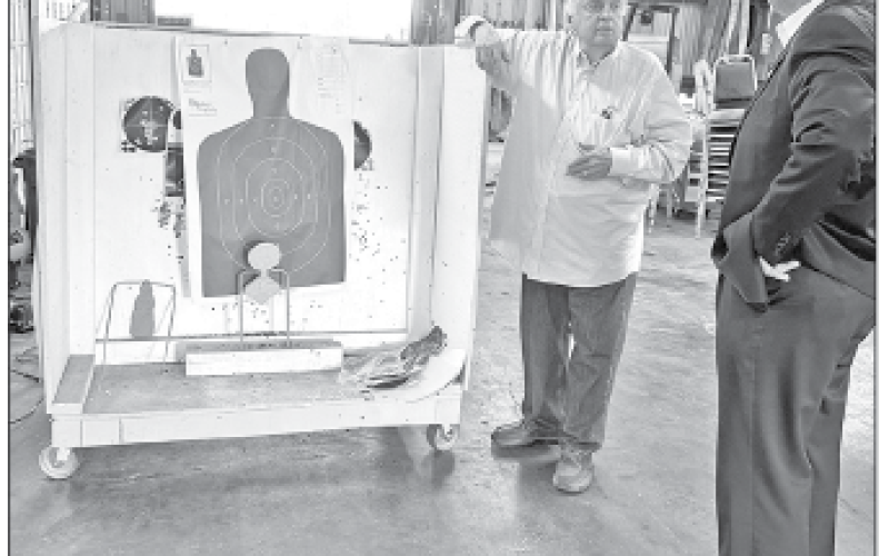 On Tuesday, Feb. 11, local businessman Kenneth Peart donated a shooting station and bullet trap to assist in the training of St. Landry Parish deputies. St. Landry Parish Sheriff Bobby. Guidroz, pictured with Peart, said he is grateful to receive this donation and will put it to good use. (Photos courtesy of Mark LeBlanc)
