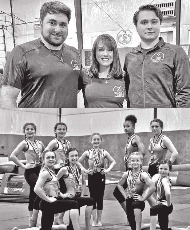 Rice City Gymnastics coaches and gymnasts competed at a recent state meet in Westwego and nine of the gymnasts qualified to advance to regionals competition to be held in Atlanta, Georgia. At top photo are the coaches, from left, Alex Piron, Ruthie Piron and Andrew Piron. Above are the gymnasts, from left, Avery Fuselier, Rylee Hoke, Katelyn Hardee and Caroline Keaton. In back, from left, Addison Toups, Amelia Fontenot, Brooklyn Bellon, Myah Challiot and Sophie Menard.