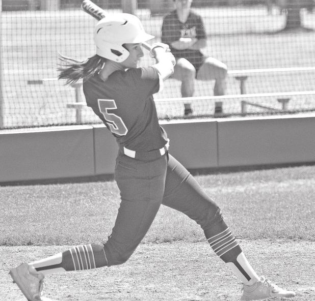 LSU Eunice’s Karli Fontenot connects for a home run against BRCC. (Photo by Tom Dodge)