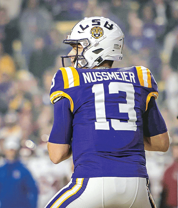 Quarterback Garrett Nussmeier in 37-17 win against Oklahoma on Nov. 30. Nussmeier passed for 277 yards and three touchdowns, including a pair of 40-plus-yard scoring strikes. (Photo by Dwight Jodon)