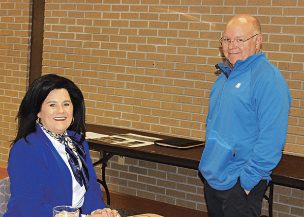 Nickie Toups, Eunice Manor administrator, is with Van Reed. Both are Eunice Rotary Club members. Toups spoke on Wednesday at the club’s meeting. (Photo by Myra Miller)