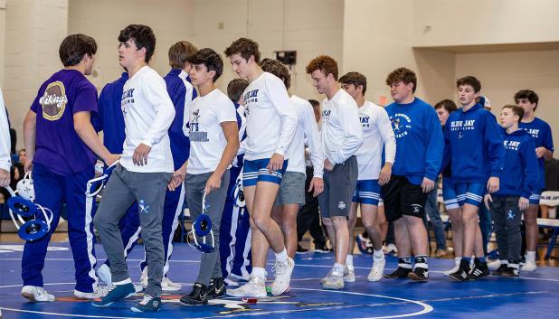Blue Jay wrestlers and Opelousas Catholic Vikings after hosting a tri-dual, which included Rayne on Jan. 8. (Photo by Dwight Jodon)