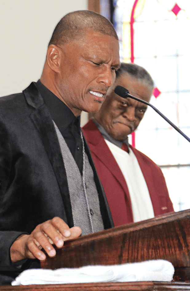 Eunice native Bishop Brian Stevens was the speaker at the Dr. Martin Luther King Jr. program on Sunday at New Zion Baptist Church. Behind Stevens is the Rev. Mack Frank. Stevens pastor of the Faith Hope Missionary Baptist Church in Abbeville. He and his wife, Ulander, are Eunice High School graduates. (Photo by Harlan Kirgan)