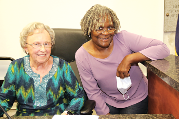 From left, Vivian Olivier and Nancy Carriere made history at Wednesday’s St. Landry Parish Council meeting. Olivier, of District 8, was elected Council chairwoman and Carriere, of District 2, was elected vice chairwoman. According to Council member Wayne Ardoin it is the first time both leadership positions have been held by women. This is the second time the two-term Council members have held leadership positions. Olivier is a Sunset resident and Carriere lives in Opelousas. (Photo by Harlan Kirgan)
