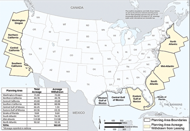 This map from the Bureau of Ocean Energy Management shows where President Biden’s executive orders restrict new offshore oil and gas drilling in federal waters in the Atlantic and Pacific oceans, the Gulf of Mexico and the Bering Sea. (Bureau of Ocean Energy Management.)