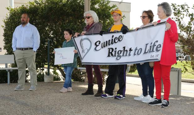 Eunice Right to Life held its annual Walk for Life on Sunday. From left, are Travis Turner, Abigail Miller, Phyllis Peré, Mark Caswell, Connie Landreneau  and Sharon Fontenot in front of the Eunice Municipal Complex.   (Photo by Harlan Kirgan)