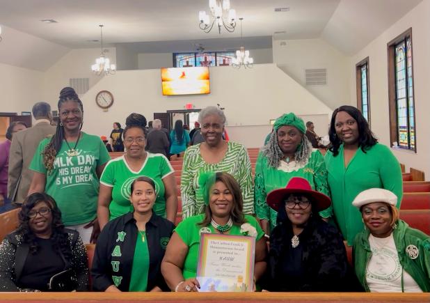 NAUW Eunice Branch members are seated at the MLK Celebration program after receiving the Carlton Frank, Jr. Award with co-chairperson Jacqueline Vallaire. Seated from left, are Chiquita Thomas, LaJuana Jordan, Shelsy Williams, president;Jacqueline Vallaire, and Denise Antoine. In back, from left, are Patricia Harrison, Rochelle Milton, Carolyn Baldwin, Lelia Adams and Shakonda Arvie. (Submitted photos)