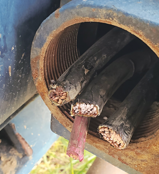 Wire cut at a water well pump. (Acadia Parish Sheriff’s photo)