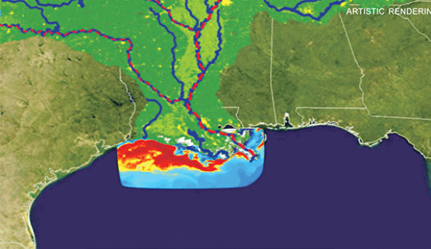 An illustration shows how runoff from river basins leads to hypoxic “dead zones” in the Gulf of Mexico. (National Oceanic and Atmospheric Administration video capture) 