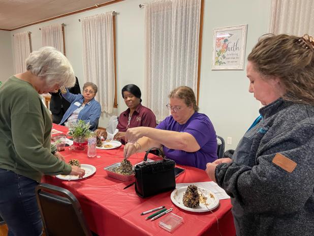 Bulb and Blossom Garden Club members created hanging bird feeders using pine cones slathered with peanut butter and rolled in bird seed. 