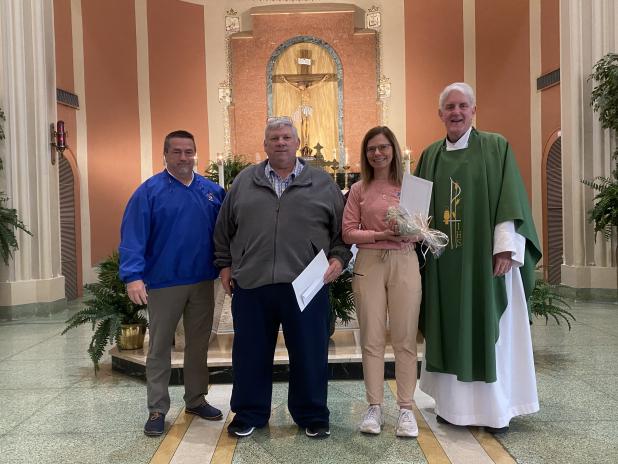 Teachers of the Year at St. Edmund were named. From left, are Principal Mitch Fontenot, Sam Johnson, Middle/High School Teacher of the Year; Tricia Bertrand, Elementary Teacher of the Year; and the Rev. Hampton Davis, pastor of St. Anthony Catholic Church. (Submitted photos)