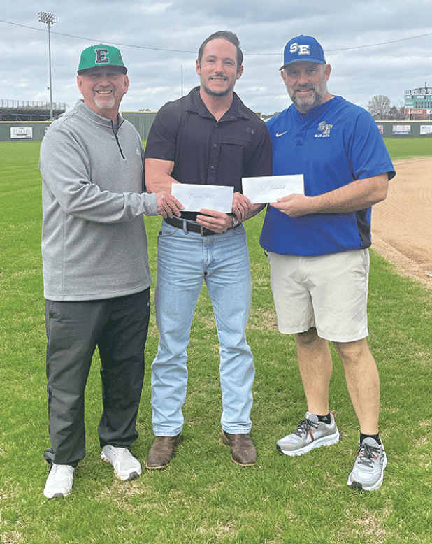 Eunice High and St. Edmund baseball head coaches Scott Phillips and Nick Trosclair are pictured with Perry Pitre Ford’s Perry Pitre as the schools prepare to co-host Saturday’s Perry Pitre Ford Jamboree at their home baseball fields. (Photo by Casey Charlie) 