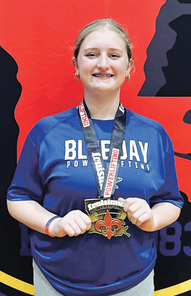 The Lady Jays powerlifting team delivered another impressive performance at the Elton High School Invitational. Freshman Brylee Brown led the way with a total of 500 lbs, improving her total by 55 lbs and securing third place in her weight class. This was their final meet before heading into regionals later this month. (Submitted photo)