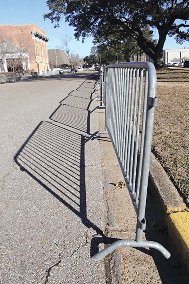 Barricades are ready on Park Avenue for the Mardi Gras crowds. Mardi Gras events in Eunice begin Friday with live music on 2nd Street. (Photo by Harlan Kirgan)