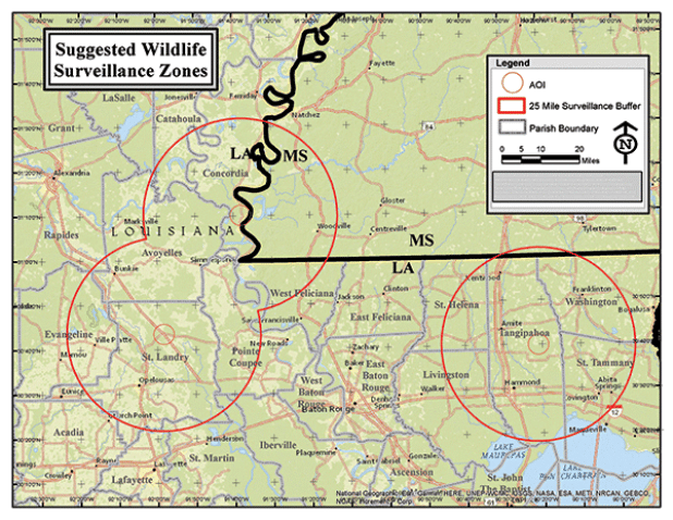  Louisiana Department of Wildlife and Fisheries map showing three locations of chronic wasting disease (CWD) positive captive deer in pens permitted by the Louisiana Department of Agriculture and Forestry. 